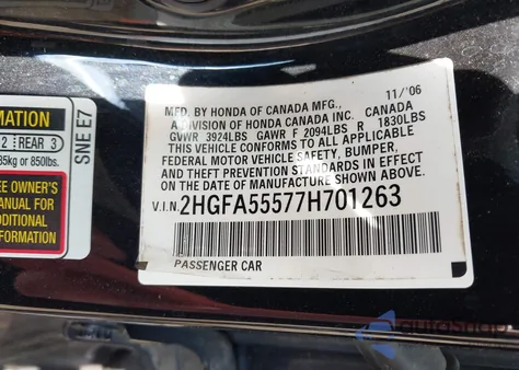 2007 Honda Civic Si z USA, uszkodzony, nr VIN 2HGFA55577H701263